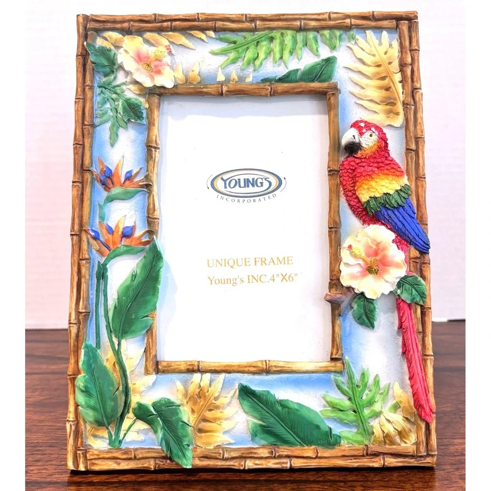 Tropical Parrot Photo Frame 4x6 Macaw Hibiscus Faux Bamboo Coastal Island Décor